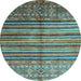 Round Machine Washable Southwestern Light Blue Country Rug, wshcon1005lblu