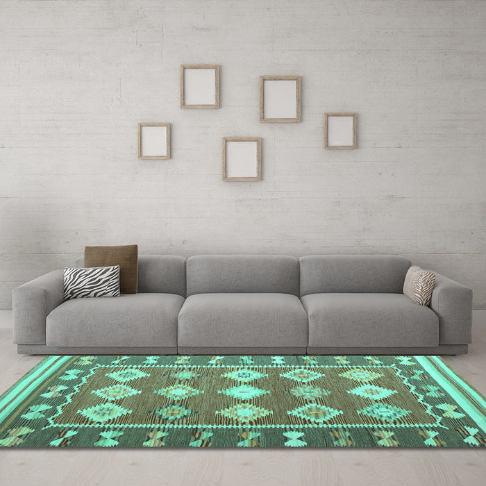 Machine Washable Southwestern Turquoise Country Area Rugs in a Living Room,, wshcon1006turq