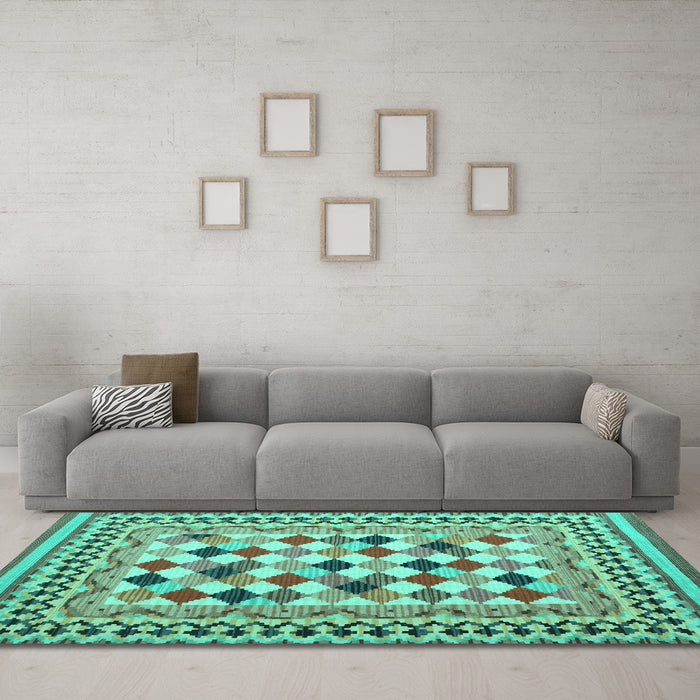 Machine Washable Abstract Turquoise Contemporary Area Rugs in a Living Room,, wshcon1007turq