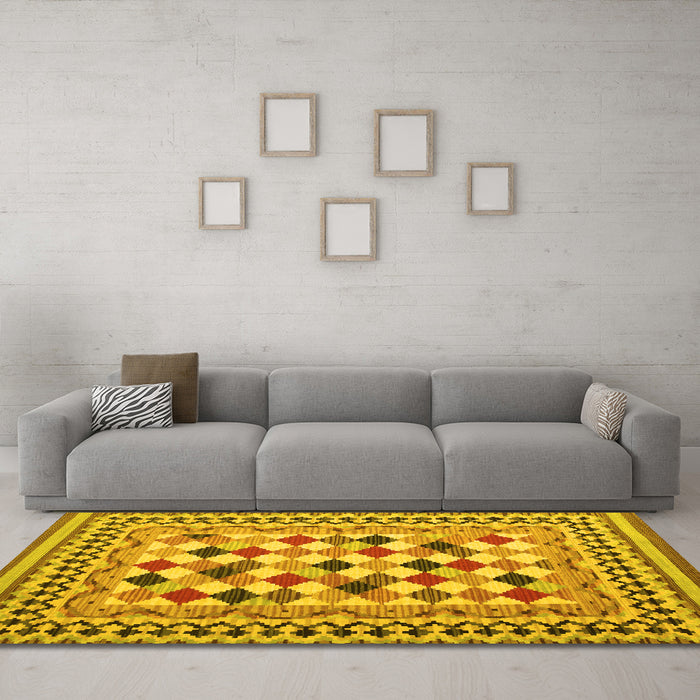 Machine Washable Abstract Yellow Contemporary Rug in a Living Room, wshcon1007yw