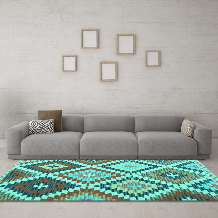 Machine Washable Abstract Turquoise Contemporary Area Rugs in a Living Room,, wshcon1008turq