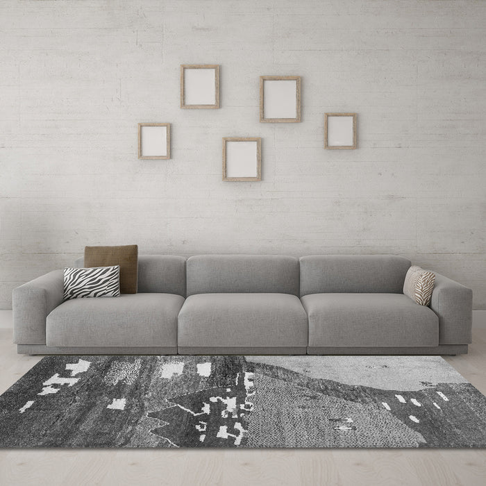 Machine Washable Abstract Gray Contemporary Rug in a Living Room,, wshcon1009gry