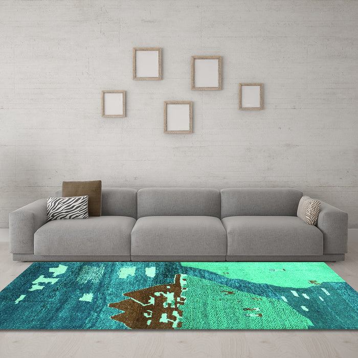 Machine Washable Abstract Turquoise Contemporary Area Rugs in a Living Room,, wshcon1009turq