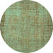 Round Machine Washable Abstract Turquoise Contemporary Area Rugs, wshcon1015turq