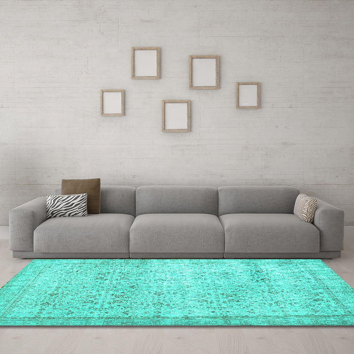 Machine Washable Abstract Turquoise Contemporary Area Rugs in a Living Room,, wshcon1023turq