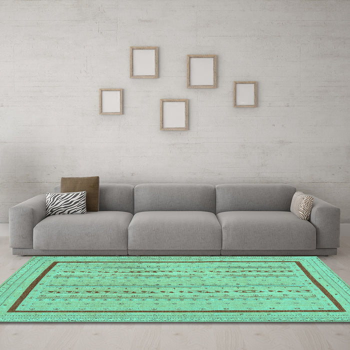Machine Washable Abstract Turquoise Contemporary Area Rugs in a Living Room,, wshcon1027turq