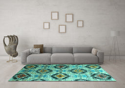 Machine Washable Southwestern Turquoise Country Area Rugs in a Living Room,, wshcon1030turq