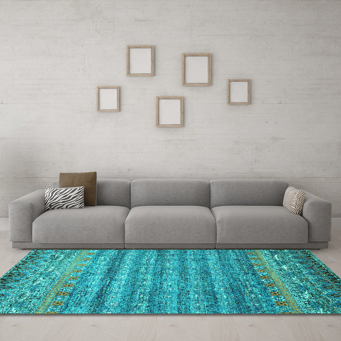 Machine Washable Abstract Turquoise Contemporary Area Rugs in a Living Room,, wshcon1035turq