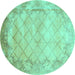 Round Machine Washable Abstract Turquoise Contemporary Area Rugs, wshcon1036turq