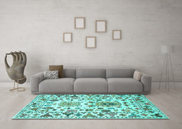 Machine Washable Abstract Turquoise Contemporary Area Rugs in a Living Room,, wshcon1053turq