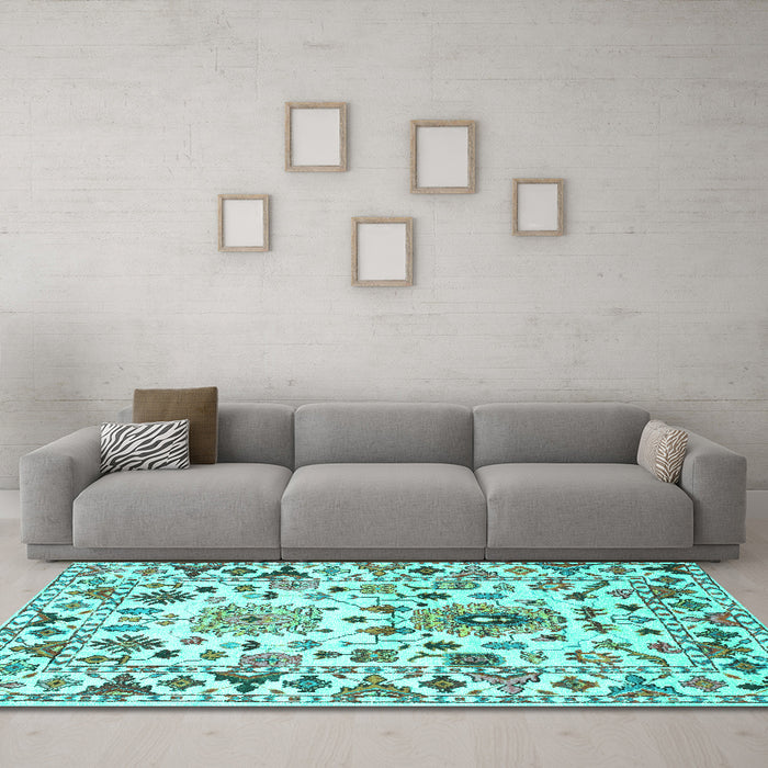 Machine Washable Abstract Turquoise Contemporary Area Rugs in a Living Room,, wshcon1053turq