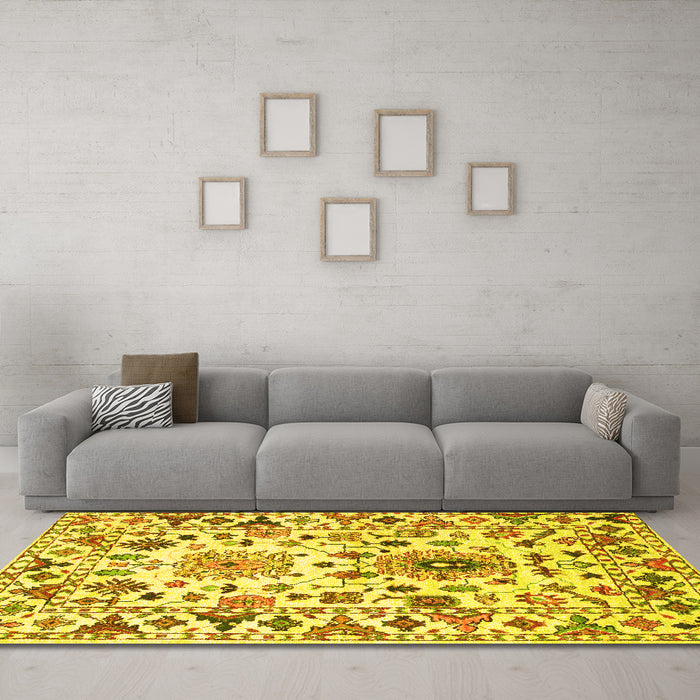 Machine Washable Abstract Yellow Contemporary Rug in a Living Room, wshcon1053yw