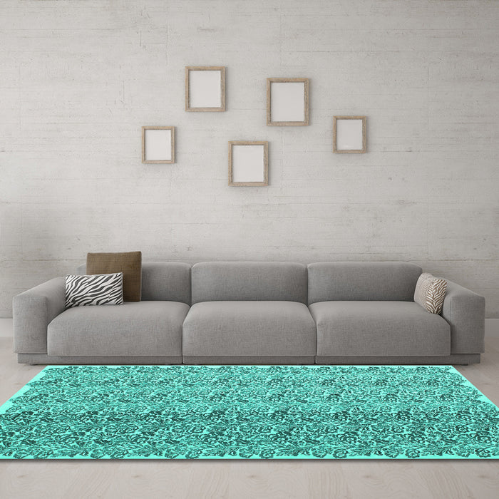 Machine Washable Abstract Turquoise Contemporary Area Rugs in a Living Room,, wshcon1057turq
