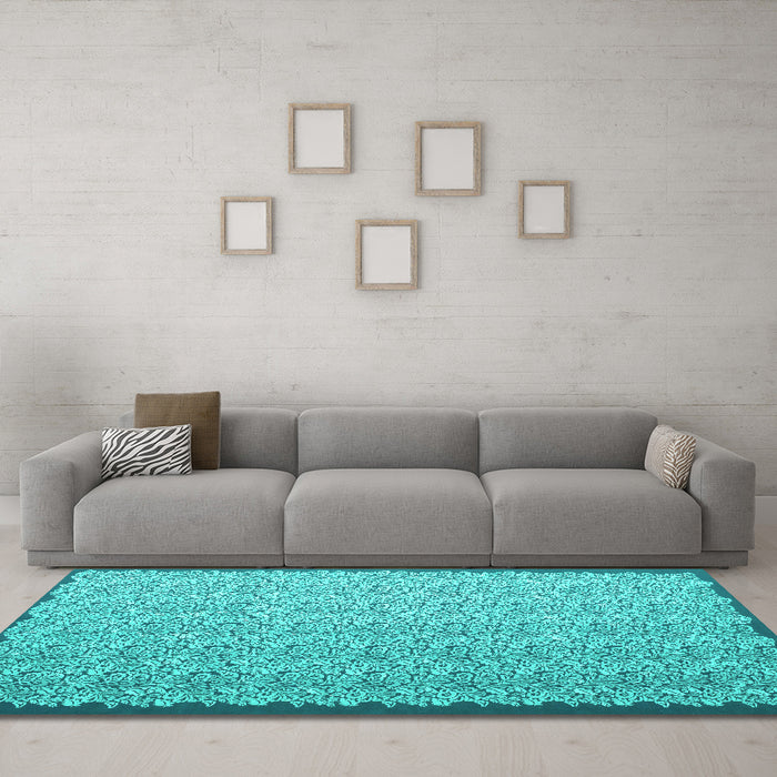 Machine Washable Abstract Turquoise Contemporary Area Rugs in a Living Room,, wshcon1059turq