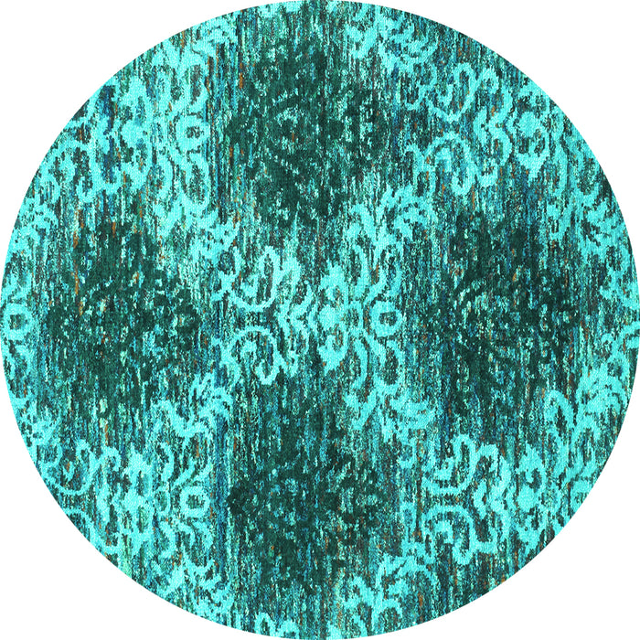 Round Machine Washable Abstract Turquoise Contemporary Area Rugs, wshcon1061turq