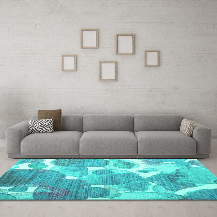Machine Washable Abstract Turquoise Contemporary Area Rugs in a Living Room,, wshcon1067turq