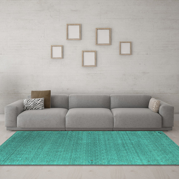 Machine Washable Abstract Turquoise Contemporary Area Rugs in a Living Room,, wshcon1090turq