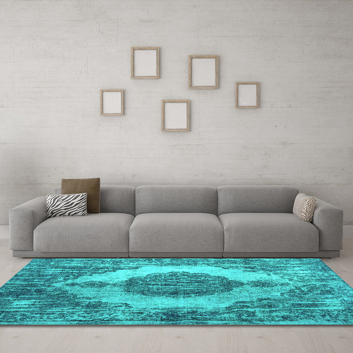 Machine Washable Abstract Turquoise Contemporary Area Rugs in a Living Room,, wshcon1091turq