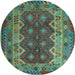 Round Machine Washable Oriental Light Blue Traditional Rug, wshcon1094lblu