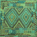 Square Machine Washable Southwestern Turquoise Country Area Rugs, wshcon1095turq