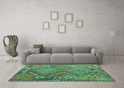 Machine Washable Southwestern Turquoise Country Area Rugs in a Living Room,, wshcon1095turq