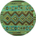 Round Machine Washable Oriental Turquoise Traditional Area Rugs, wshcon1096turq