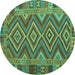 Round Machine Washable Southwestern Turquoise Country Area Rugs, wshcon1097turq