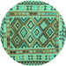 Round Machine Washable Southwestern Turquoise Country Area Rugs, wshcon1098turq