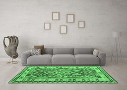 Machine Washable Southwestern Emerald Green Country Area Rugs in a Living Room,, wshcon1098emgrn