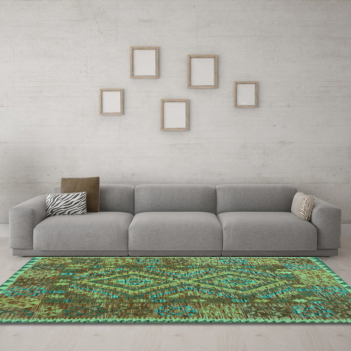 Machine Washable Oriental Turquoise Traditional Area Rugs in a Living Room,, wshcon1101turq