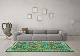 Machine Washable Oriental Turquoise Traditional Area Rugs in a Living Room,, wshcon1102turq
