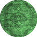 Round Machine Washable Abstract Emerald Green Contemporary Area Rugs, wshcon1106emgrn