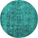 Round Machine Washable Abstract Turquoise Contemporary Area Rugs, wshcon1110turq