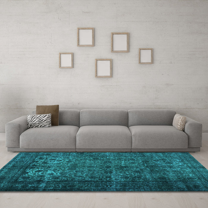 Machine Washable Abstract Turquoise Contemporary Area Rugs in a Living Room,, wshcon1111turq