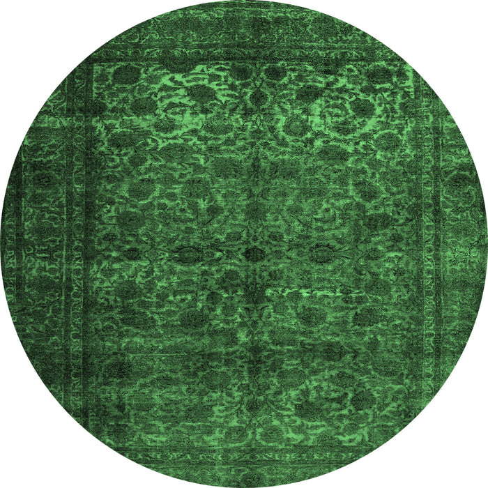 Round Machine Washable Abstract Emerald Green Contemporary Area Rugs, wshcon1111emgrn