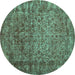 Round Machine Washable Abstract Turquoise Contemporary Area Rugs, wshcon1113turq