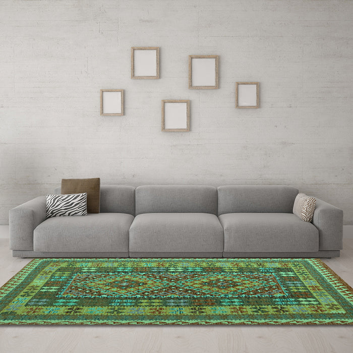 Machine Washable Oriental Turquoise Traditional Area Rugs in a Living Room,, wshcon1114turq