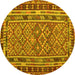 Round Machine Washable Southwestern Yellow Country Rug, wshcon1115yw