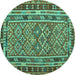 Round Machine Washable Southwestern Turquoise Country Area Rugs, wshcon1115turq