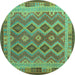 Round Machine Washable Southwestern Turquoise Country Area Rugs, wshcon1116turq