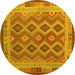 Round Machine Washable Southwestern Yellow Country Rug, wshcon1116yw