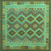 Square Machine Washable Southwestern Turquoise Country Area Rugs, wshcon1116turq