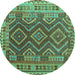 Round Machine Washable Oriental Turquoise Traditional Area Rugs, wshcon1117turq