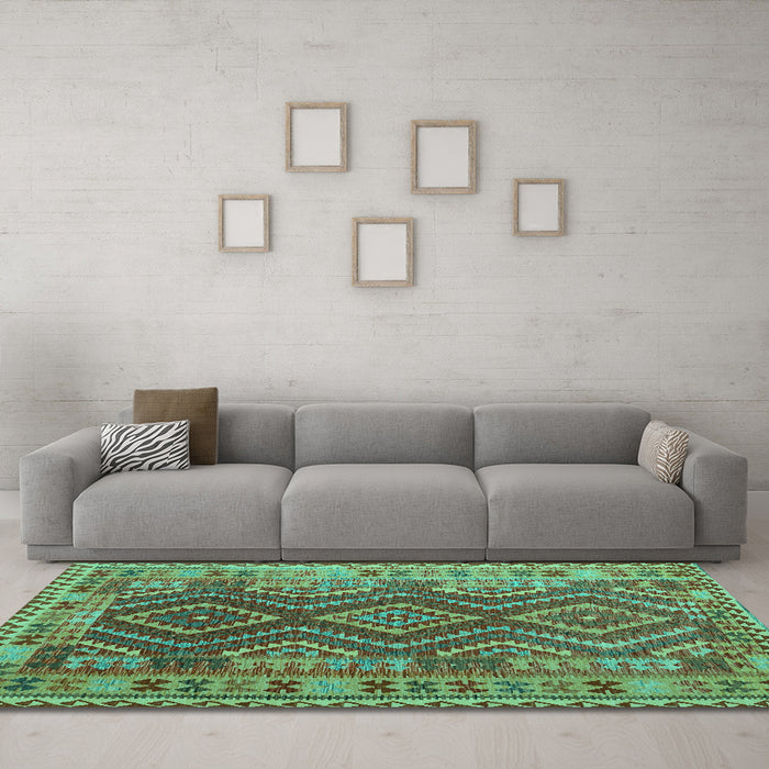 Machine Washable Oriental Turquoise Traditional Area Rugs in a Living Room,, wshcon1117turq