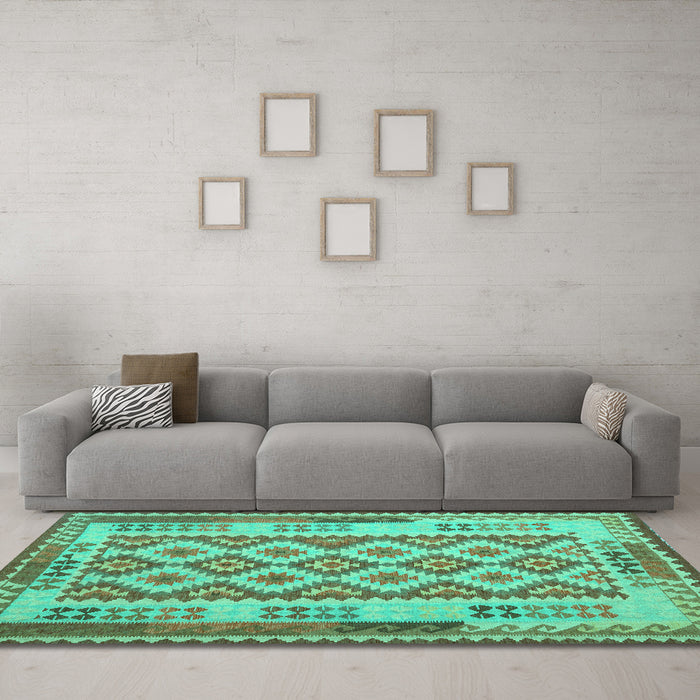 Machine Washable Southwestern Turquoise Country Area Rugs in a Living Room,, wshcon1123turq