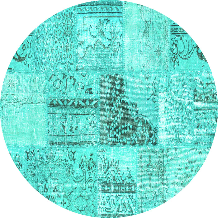 Round Machine Washable Patchwork Turquoise Transitional Area Rugs, wshcon1126turq
