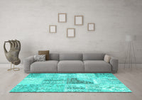 Machine Washable Patchwork Turquoise Transitional Rug, wshcon1126turq