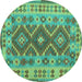 Round Machine Washable Abstract Turquoise Contemporary Area Rugs, wshcon1127turq