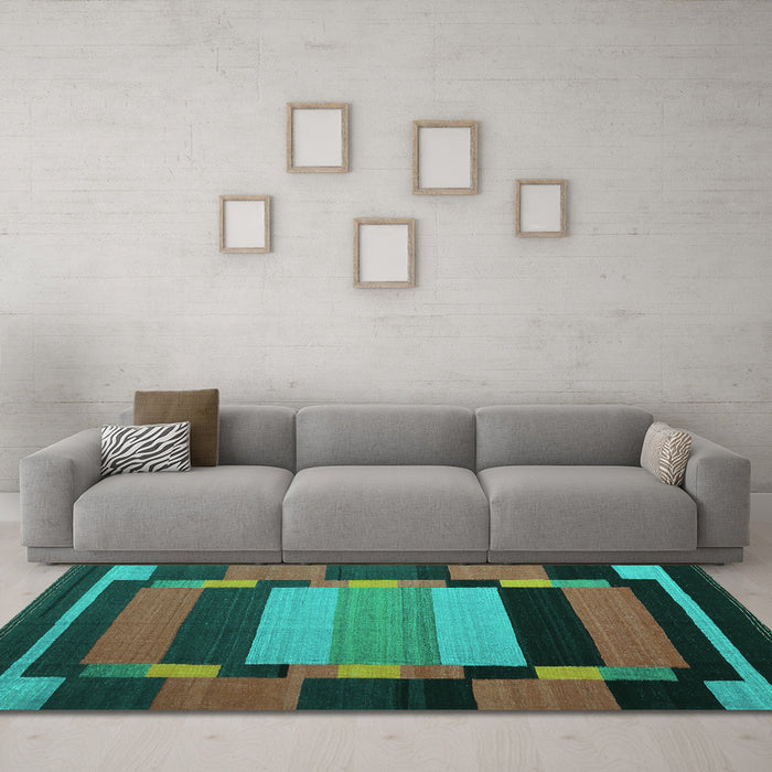 Machine Washable Abstract Turquoise Contemporary Area Rugs in a Living Room,, wshcon1129turq