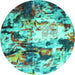 Round Abstract Turquoise Contemporary Rug, con1142turq